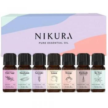 Nikura | Essential Oils Gift Set with Clary Sage, Eucalyptus, Lavender, Lemon, Patchouli, Orange, Tea Tree
