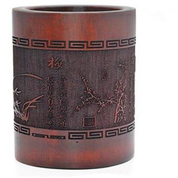 Medifier Vintage Chinese Bamboo Wood Desk Pen Pencil Cup Holder (Chrysanthemum)