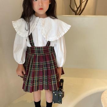 Girls Autumn Dress Set with Long Sleeve Shirt and Plaid Suspender Skirt