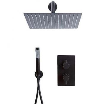 HudsonReed Nox Doccia Termostatica Nera con Miscelatore, Soffione Quadrato 300mm e Doccetta