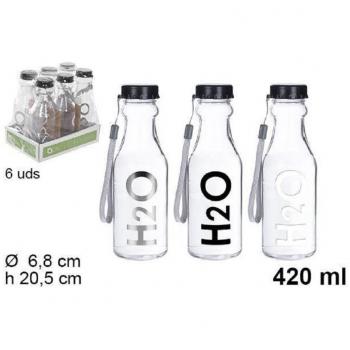 Trade Shop Traesio: Kit de 6 Botellas de Agua Vidrio Transparente 420 ml con Lazo