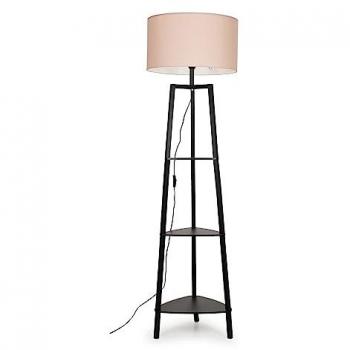 Black Wooden Floor Lamp with 3-Tier Shelves and Large Pink Shade