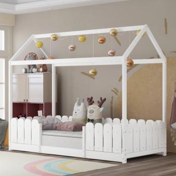 Lit Boisé en Cabane 90x200 cm – Blanc, Sans Matelas