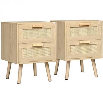 Lot de 2 tables de chevet en bois clair avec 2 tiroirs et façades cannage rotin