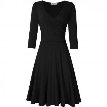HiQueen Trendy 3/4 Sleeve A‑Line Dress – V‑Neck, Black