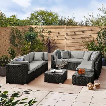 Orlando 8‑Seat Modular Rattan Patio Sofa – Black, Includes Cushions & Twin Table Pair