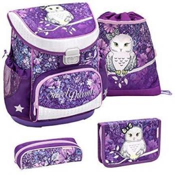 Belmil Mädchen Schulranzen Set 4-teilig für 1. und 2. Klasse/Super Leicht 750-800 g/Brustgurt/Eule, Owl/Lila, Purple
