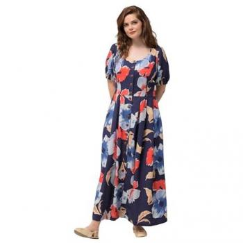 Ulla Popken Damen Kleid Leinenmix Rundhals Halbarm in Rot, Größe 58