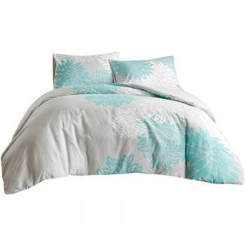 Hypoallergenic Microfiber Quilt Cover, Enya Floral Design, Single, Aqua/Grey