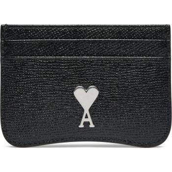 Ami Paris Men's Black Leather Cardholder – One‑Size, Silver Patterned Logo