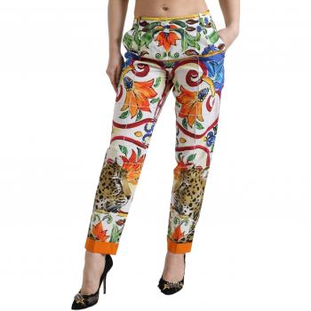 Dolce & Gabbana White Majolica Print Tapered Mid Waist Pants