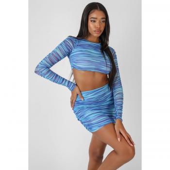 Women's Blue Space Dye Print Underbust Mesh Crop Top, UK Size 10
