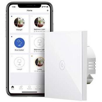 Interruptor de Pared Inteligente Wi-Fi, 1 Vía, 1 Canal, Pantalla Táctil de Cristal. Soporta Alexa, Google Assistant y SmartThings. meross