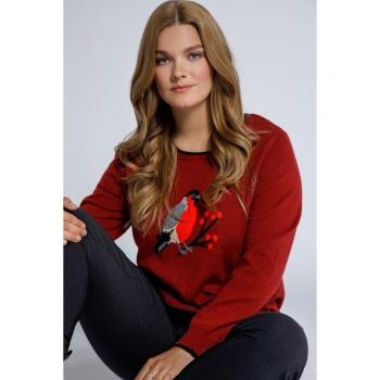 Pullover Jacquard Rosso con Scollo Girocollo e Motivo di Uccelli, Taglia 36/38, Donna, Fibre Sintetiche/Poliestere
