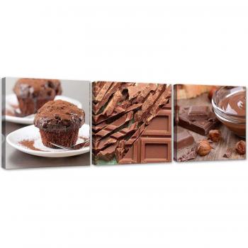 Set di tre pannelli su tela Dessert al cioccolato 90x30 marrone
