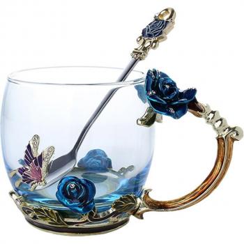Wedding Novelty 3D Rose Butterfly Enamel Coffee Mug with Spoon BDF99