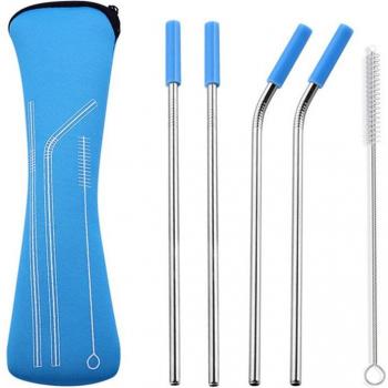 Pailles en acier inoxydable, droites et courbées, avec embouts en silicone, 6 pièces
