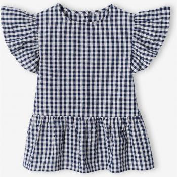 Navy Blue Ruffled Checkered Blouse for Girls