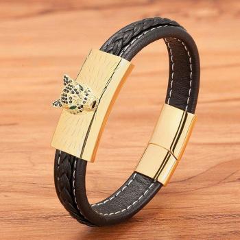 CZ Zirconia Cheetah Head Leather Bangle for Men