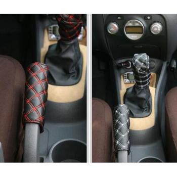 2 Pieces Wine Red Leather Car Gear Shift Knob and Hand Brake Cover