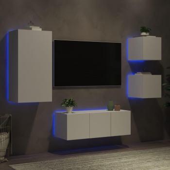 Mueble de TV con LED 5 Secciones Blanco Ingeniería