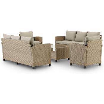 Mobilier Defora Home : 2 fauteuils et 2 canapés 3 places avec table basse, couleur marron