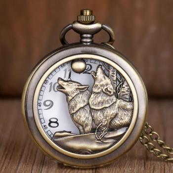 Reloj de Bolsillo Retro con Cadena Fob y Motivo de Dos Lobos TD2071