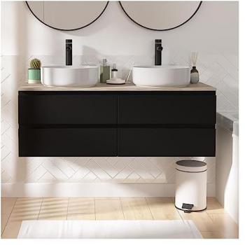 Ensemble Meuble Double Vasque Noir Carbone 120 cm avec Plan Bois + 2 Vasques + 2 Robinets Sorrento
