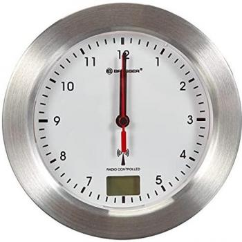 8020114 Bad Wanduhr MyTime Bath mit Temperaturanzeige und Funkuhr mit gebürstetem Aluminiumrahmen, Saugnäpfen und Standfuß für Tischmontage,