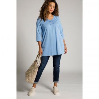 Maglia lunga con pieghine e scollo a V, Donna, Blu, Taglia 56/58, Cotone