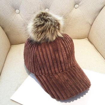 Autumn Winter Women's Corduroy Cap with Pom-Pom