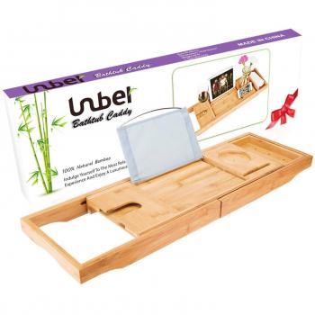 High‑End Bamboo Bathtub Caddy with Folding Flaps, Integrated Book/Tablet Docking Station, Cellphone Tray, Wineglass Slot & Additional Accessories Bay