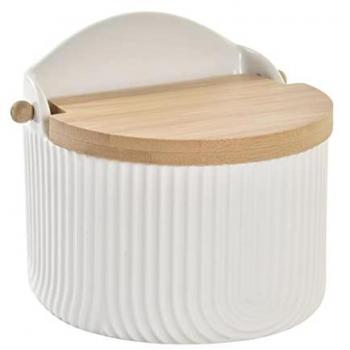 Sarero Blanco de Porcelana con Tapa de Madera Estilo Nórdico