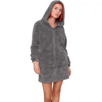 OHS Warm Teddy Fleece Zip Up Long Sleeve Hoodie, Charcoal Grey