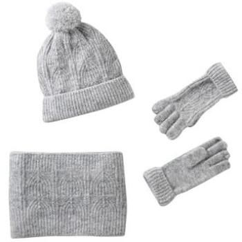 Beige Marl Grey Cable Knit Beanie, Snood, and Mitts Pack – 8/10 Years