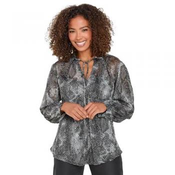 Print‑Collar Frill Blouse, Grey