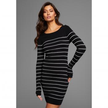 Laura Scott Strickkleid – schwarze Mini mit funkelnden Streifen & Knopfdetails