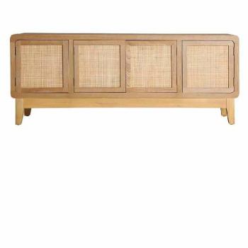 Mueble TV nórdico de madera de abeto con rejilla, 160x40x63 cm, color marrón claro, serie Seren