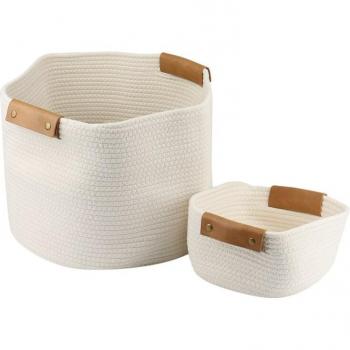 Household Storage Baskets with Cotton Rope and Woven Leather Handles