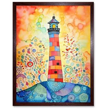 Serene Seascape: 12x16 Framed Lighthouse at Sunset Painting