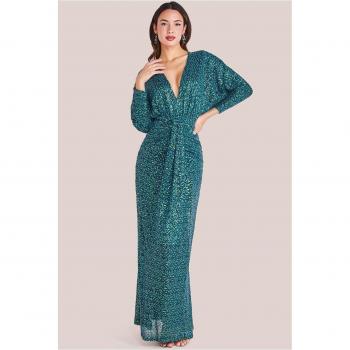 Emerald Green Sequin Maxi Dress with Plunge V-Neck