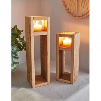 2er Set Windlichtsäule 'Wood' aus recyceltem Holz & Glas, 30 + 40 cm hoch