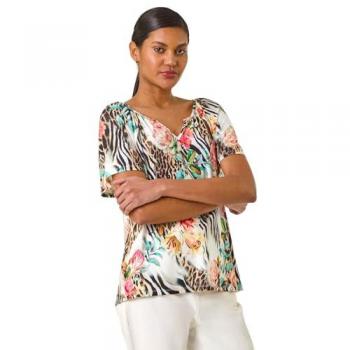Blouse Romane Floral à encolure crantée Rose