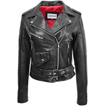 Real Leather Kate Brando Biker Jacket for Women – Red, Size 18 (Black)