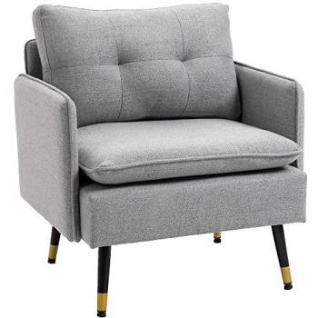 Fauteuil style art-déco effet capitonné métal noir doré tissu gris 76x80x68cm