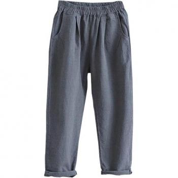 Pantalon d'été en coton et lin pour femmes, jambes larges, taille élastique, couleur unie