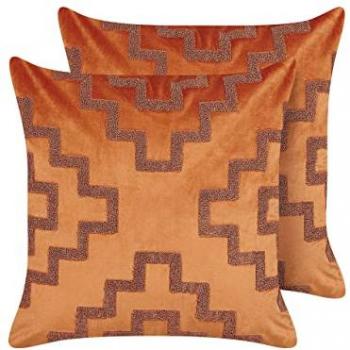 Set of 2 Orange Velvet Cushions 45 x 45 cm with Geometric Design