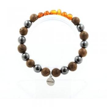 Ambra Baltica & Hematita su Bastone di Legno – Bracciale artigianale francese