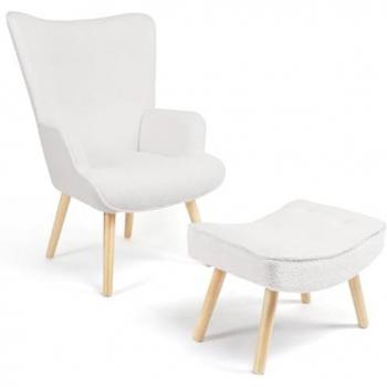 Poltrona Ivar Moderno con Poggiapiedi in Telo Bouclette Bianco
