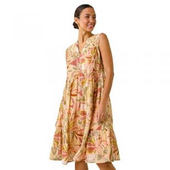 Robe Roman Orange à Imprimé Feuilles et Dentelle